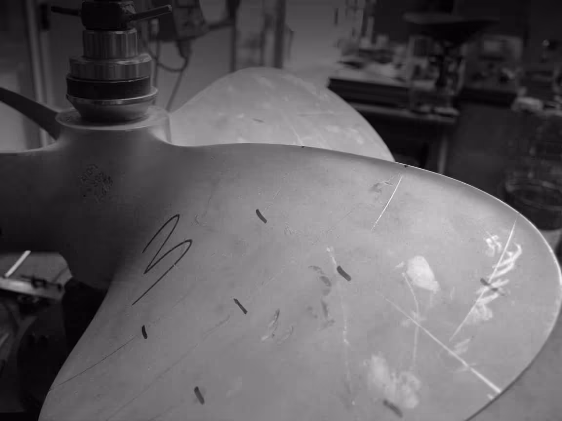 Close-up of a marine propeller undergoing precision measurement using the Prop Scan system in our workshop